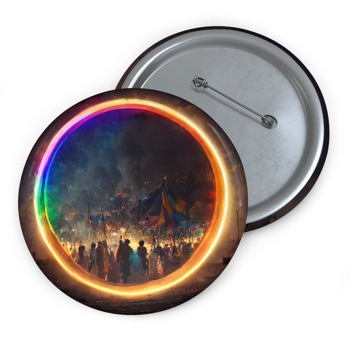 a bright rainbow circle of magic at burning man, cinematic, realistic, intricate detail, finely detailed, small details, extra detail, photorealistic - Pin Buttons