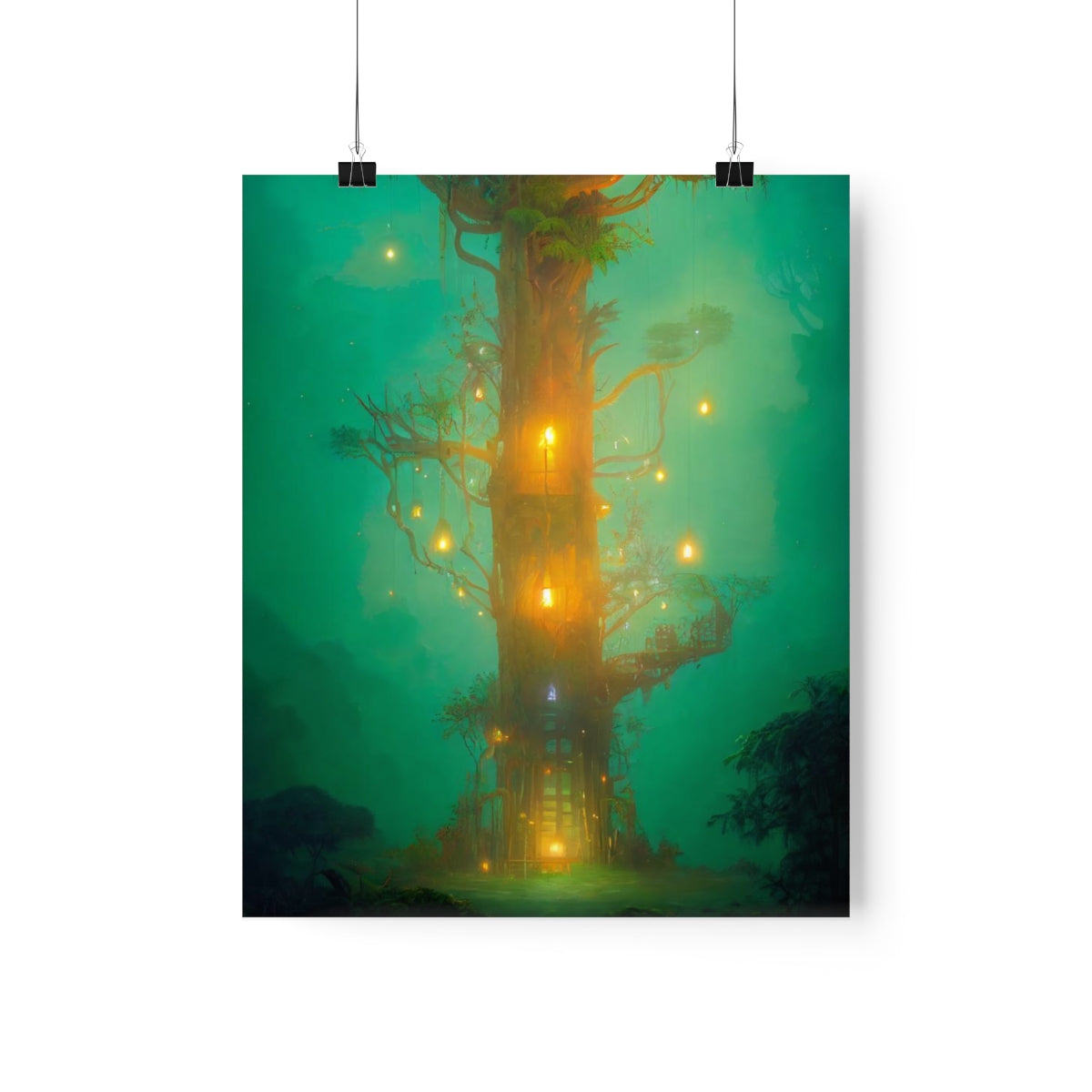 Premium Matte vertical posters - mystical treehouse surrounded by exotic plants and fireflies, jungle fog at sunset, cinematic lighting