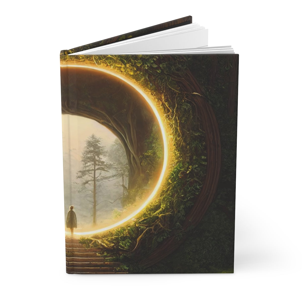 a majestic stargate covered in ivy, set in a redwood forest, golden hour, intricate details - Hardcover Journal Matte