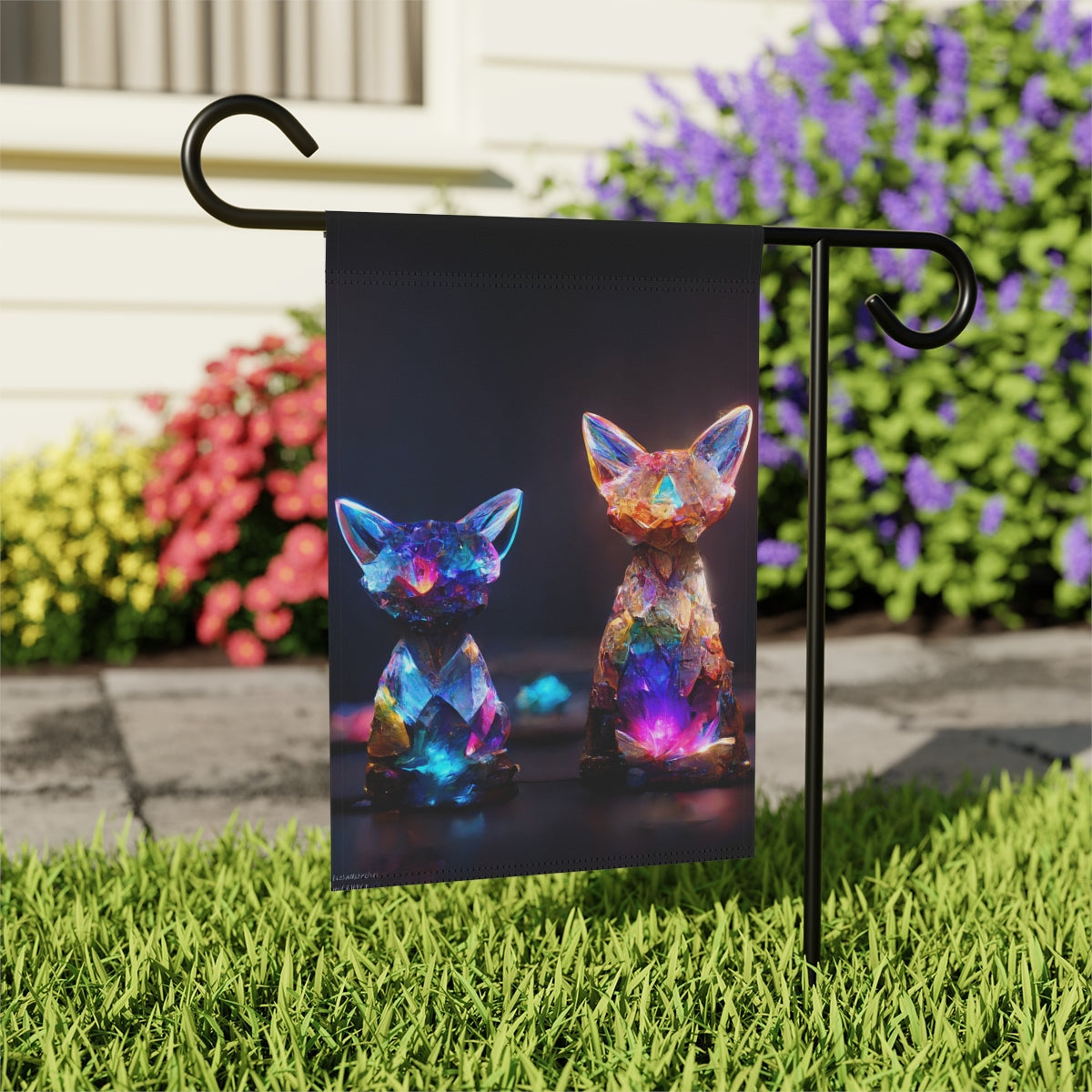 multicolored crystal fox and cat statues, magical, light background