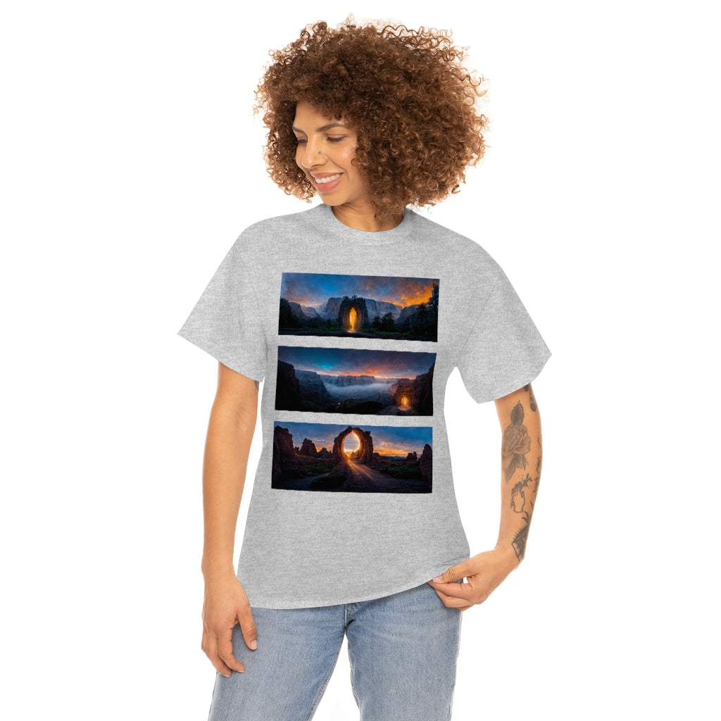 wide_angle_photo_of_a_magical_portal_in_(yosemite_valley, the_grand_canyon, arches_national_park) - Unisex Heavy Cotton Tee