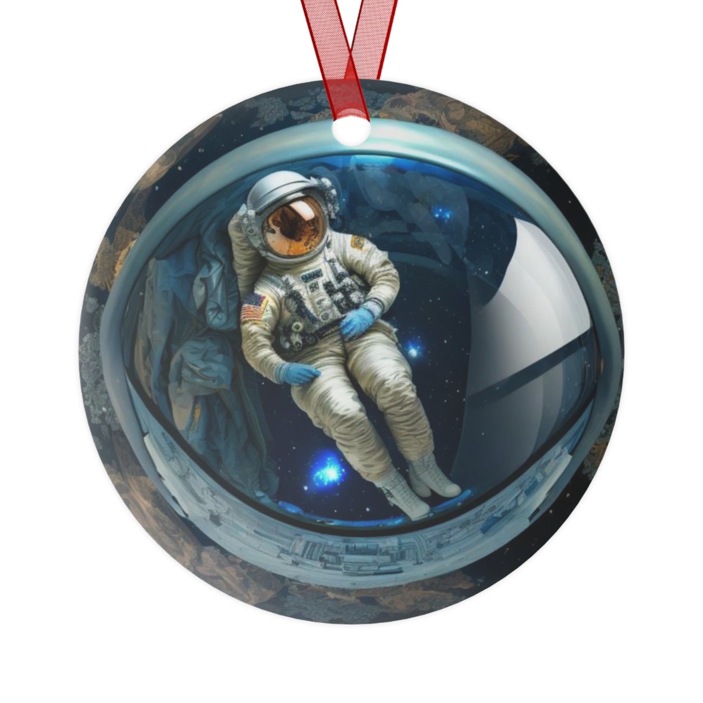 The Teafaerie: transparent spherical glass Christmas bauble with an female astronaut floating inside of it. Metal Ornament