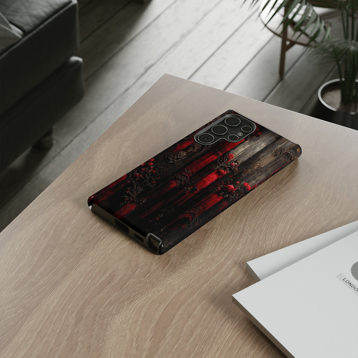 phone case - wall paper texture of red and black gothic painting octane rendering cinematic wooden detailed design frame