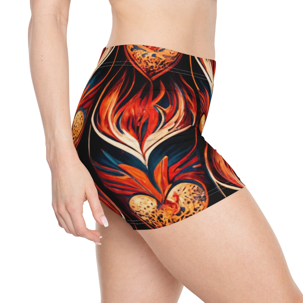 stylized vivid flames and hearts repeating pattern style of ed hardy - Women's Shorts (AOP)