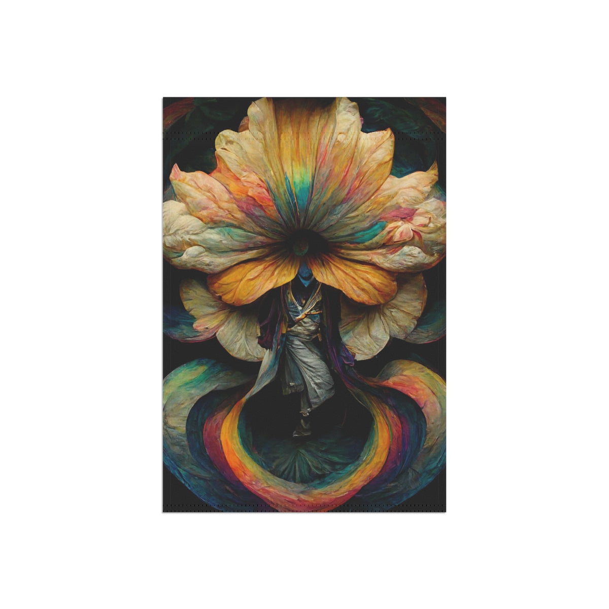 God of Psychedelics dancing in a vortex made of flowers