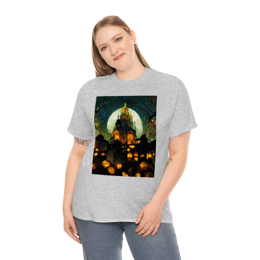 street-level_view_of_halloween_town_at_night_by_alphonse_mucha - Unisex Heavy Cotton Tee