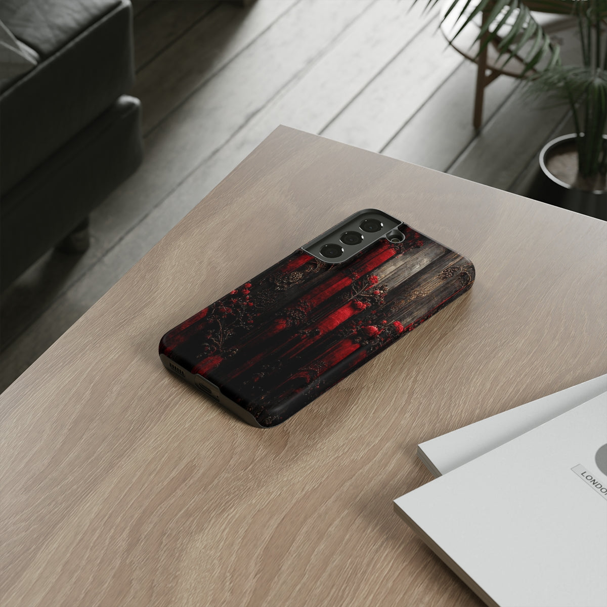 phone case - wall paper texture of red and black gothic painting octane rendering cinematic wooden detailed design frame