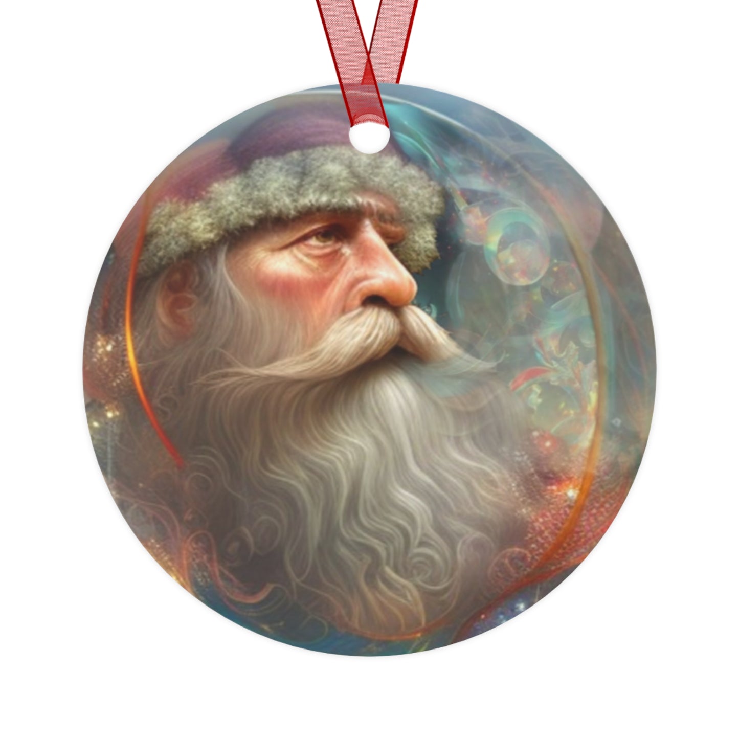 The Teafaerie: a transparent spherical glass Christmas ornament. more smoke An intricately detailed happy Santa Claus is inside of it, smoking a pipe. Metal Ornament