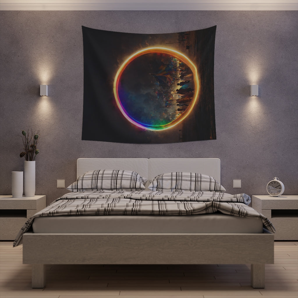 a bright rainbow circle of magic at burning man, cinematic - Printed Wall Tapestry