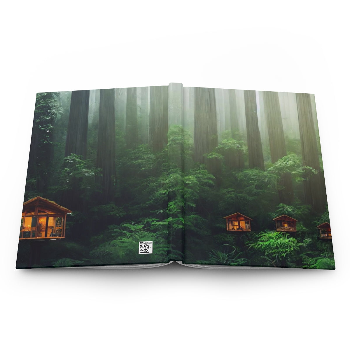 clear wooden solarpunk tree houses, set perfectly in the tops of a redwood forest, beautiful rainforest, community of the future - Hardcover Journal Matte