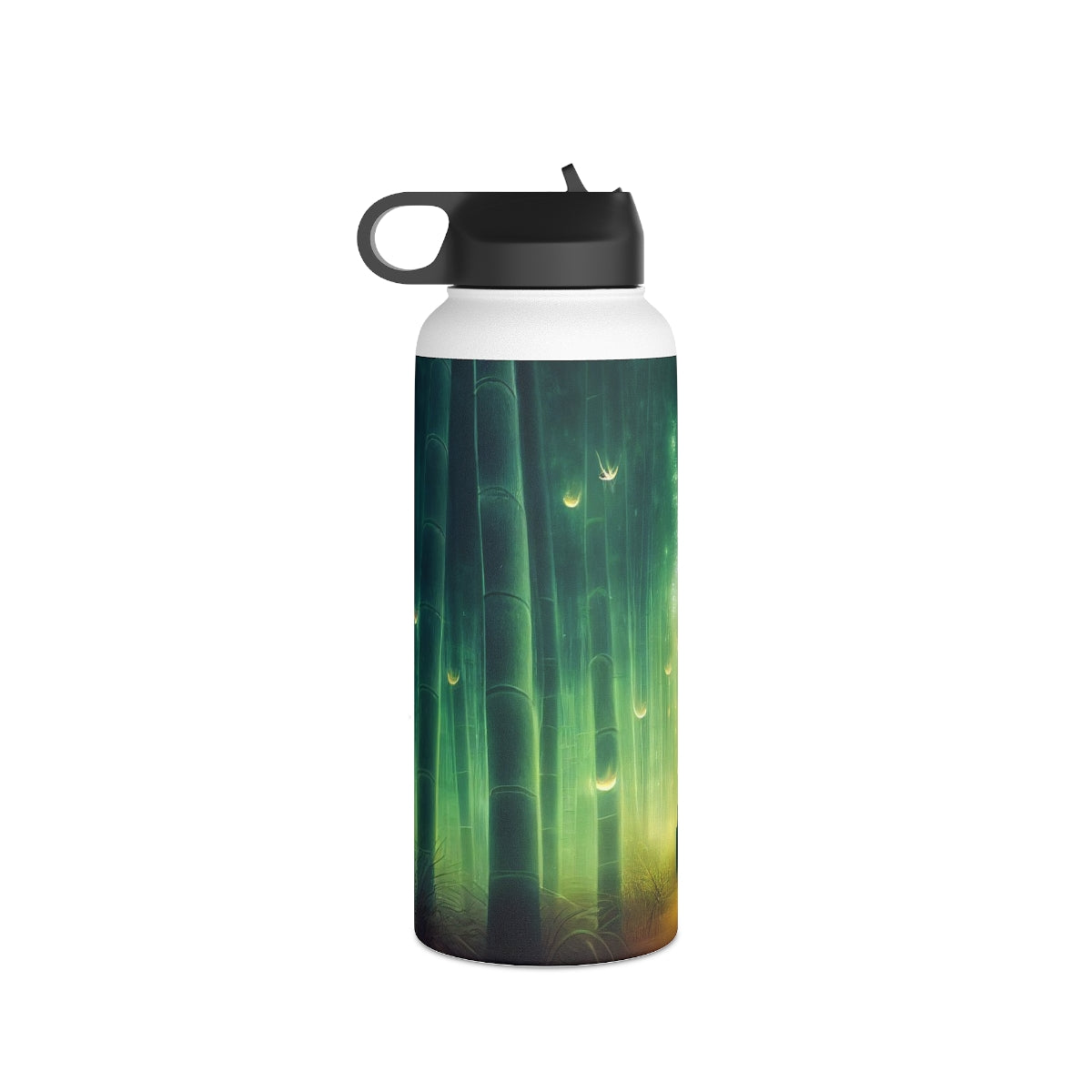 Stainless Steel Water Bottle, Standard Lid - psychedelic bamboo grove, causeway, fireflies, fantasy, intricate detail, illusion, mist, beautiful, hyper-realistic, breathtaking, ghostly figure, majestic, magic colour palette, low angle, unreal engine