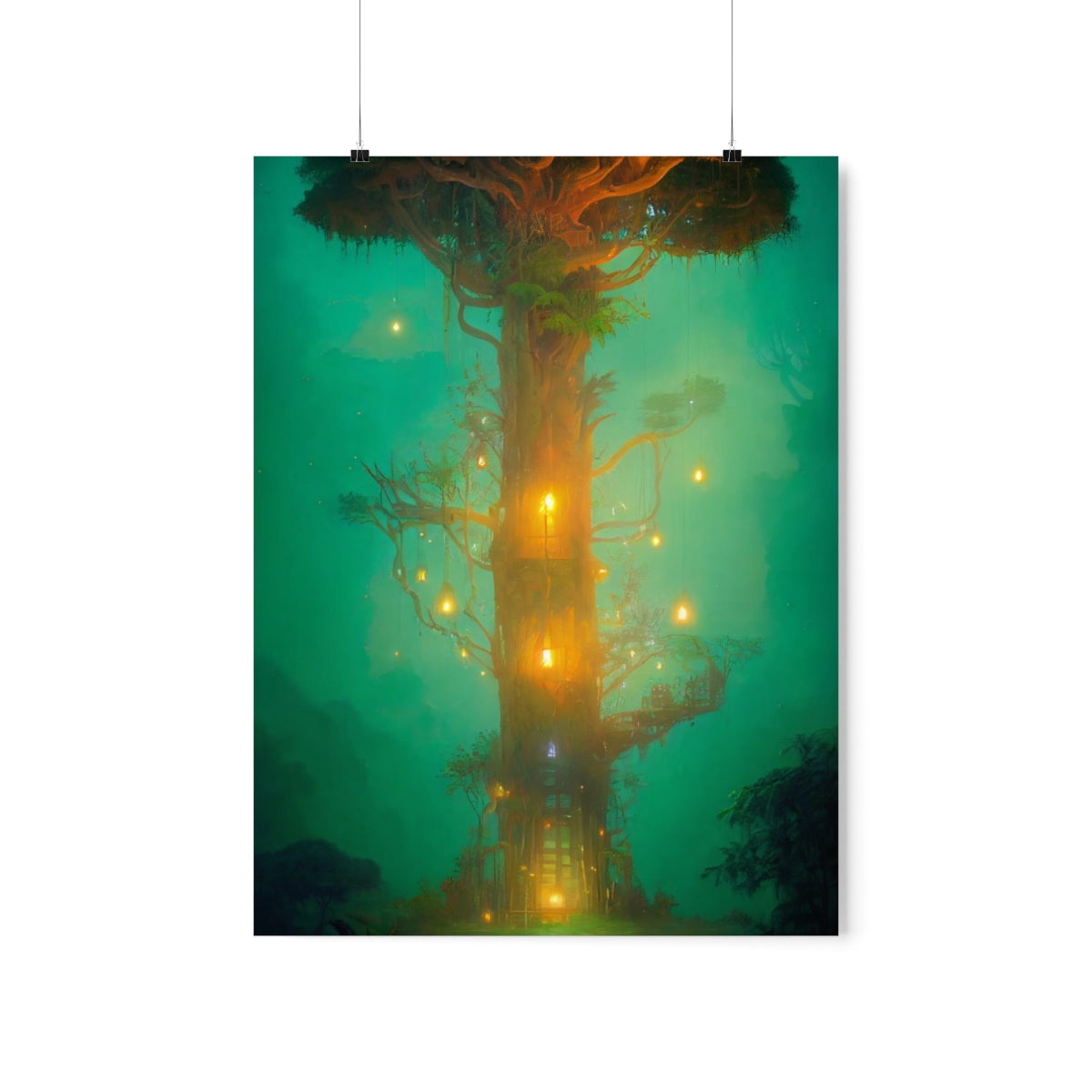 Premium Matte vertical posters - mystical treehouse surrounded by exotic plants and fireflies, jungle fog at sunset, cinematic lighting