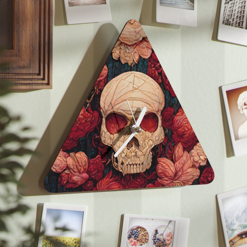 tiling pattern on wood panel of small skulls and vivid roses, gouache illustration