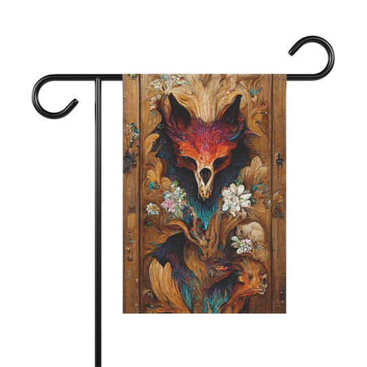 intricate colourfully painted carved wood paneling, fox and ravens, flowerpunk mythology, many hues, artstation - Garden & House Banner