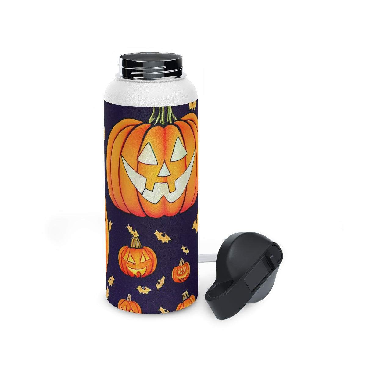 Stainless Steel Water Bottle, Standard Lid - Halloween wall art, Halloween decor, cat bat vampire witch ghost pumpkin, repeating seamless pattern , in the style of alphonse mucha