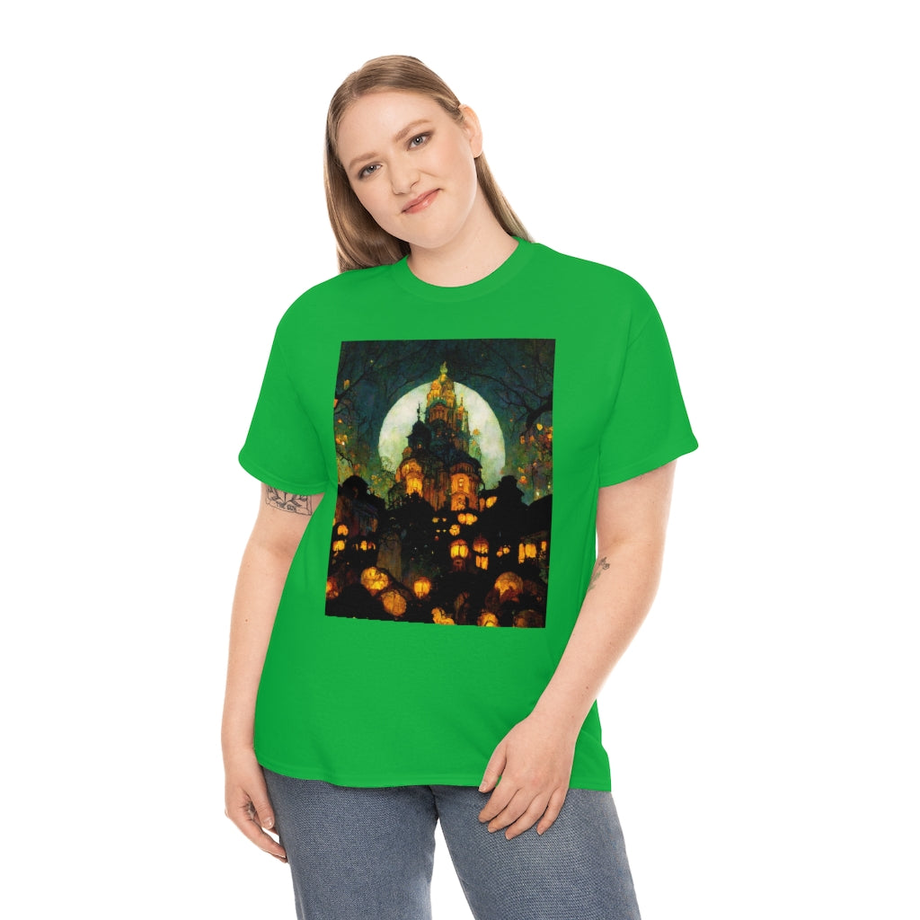 street-level_view_of_halloween_town_at_night_by_alphonse_mucha - Unisex Heavy Cotton Tee