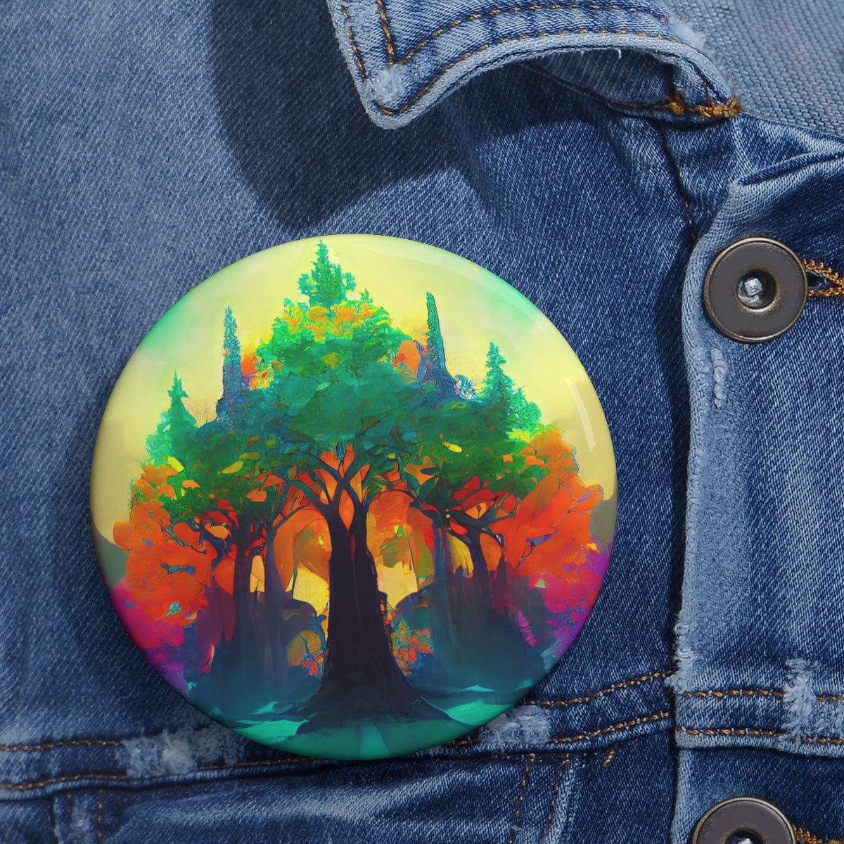 Pin Buttons - psychedelic forest of colored daylight through the stained glass leaves trees of ancient towering trees, giant tree, light, highly detailed, immersive, volumetric light