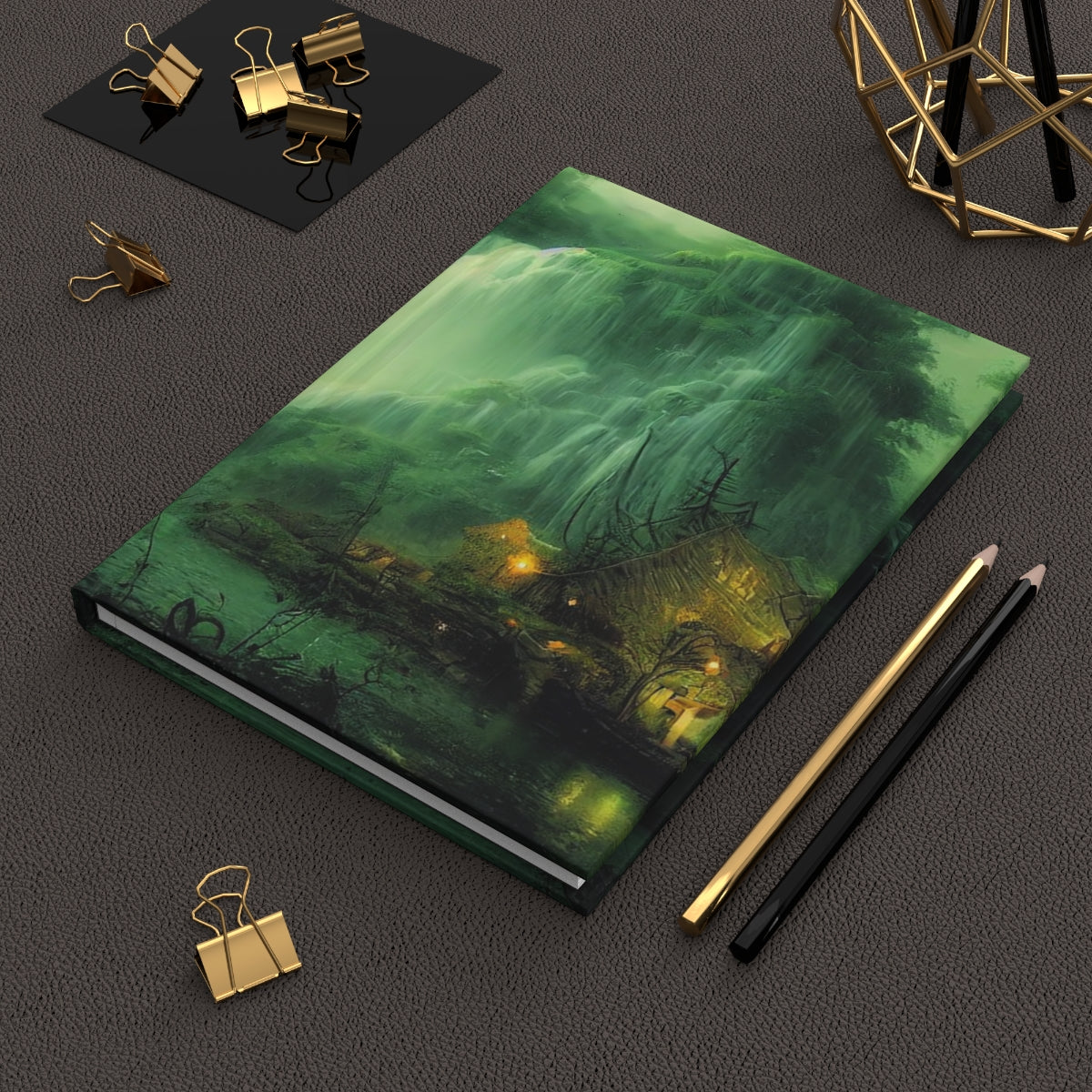 waterfall over a shipwreck, darkwood jungle tribal village, water reflections, wide angle, epic - Hardcover Journal Matte