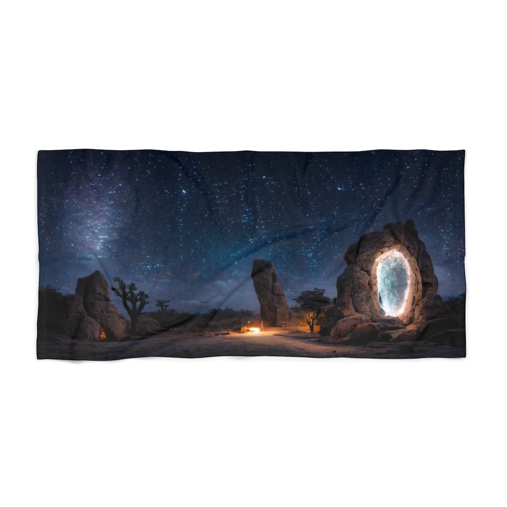 wide angle photo of a magical portal in joshua tree at midnight, realistic, cinematic, quite awe-inspiring - Beach Towel