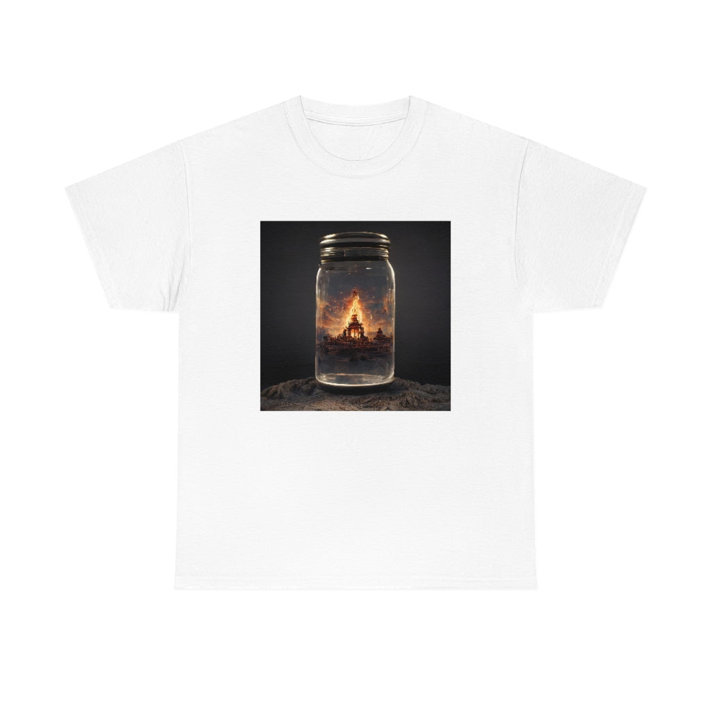 glass_jar_with_burning_man_temple_inside_black_rock_city - Unisex Heavy Cotton Tee