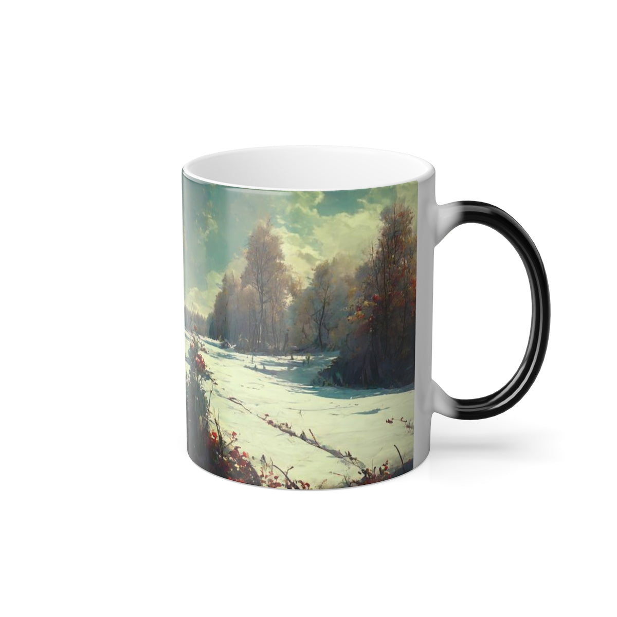 winter landscape, detailed, pastoral theme, flora, fauna, by alphonse mucha - Color Morphing Mug, 11oz