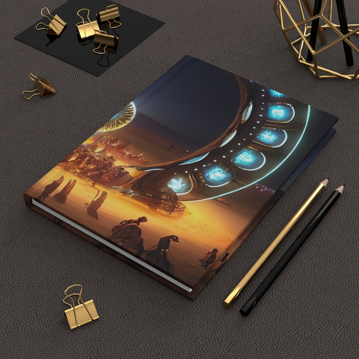 giant glowing circular fantasy stargate at burning man at night - Hardcover Journal Matte