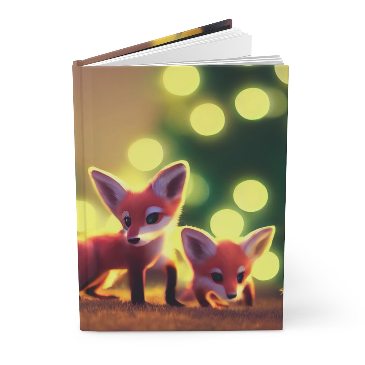 a few tiny cute adorable baby foxes, xmas tree in background, intricate fluffy details - Hardcover Journal Matte