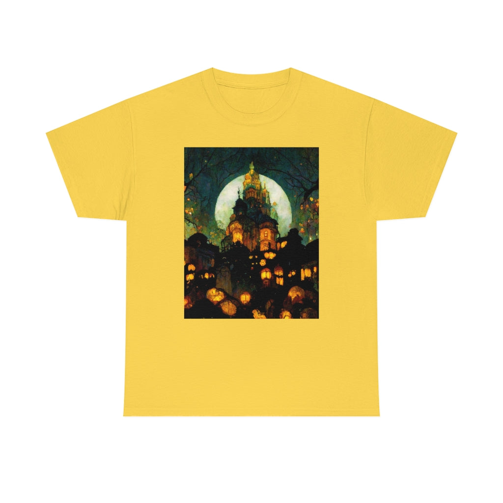 street-level_view_of_halloween_town_at_night_by_alphonse_mucha - Unisex Heavy Cotton Tee