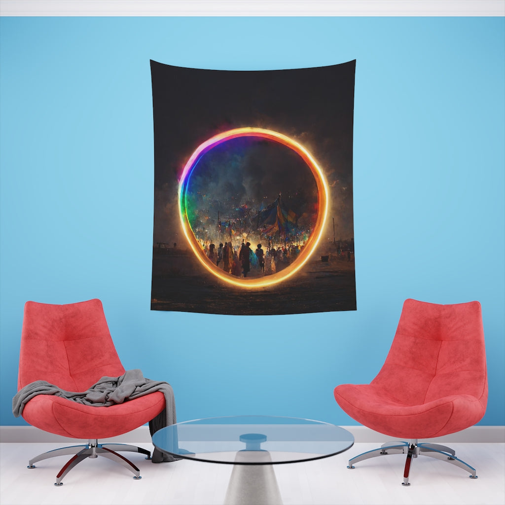 a bright rainbow circle of magic at burning man, cinematic - Printed Wall Tapestry