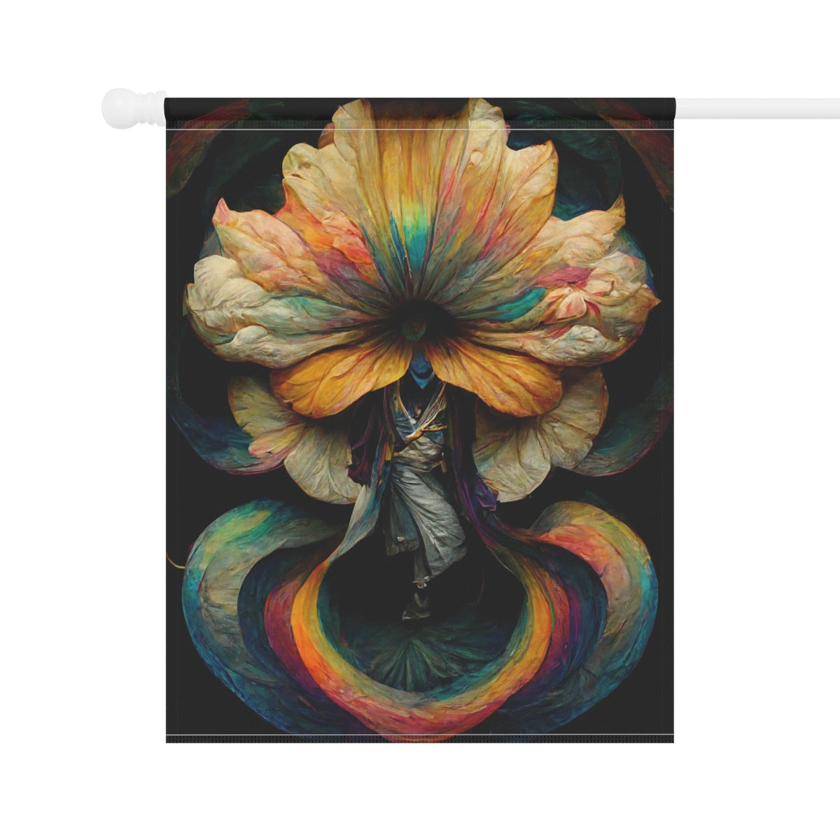 God of Psychedelics dancing in a vortex made of flowers