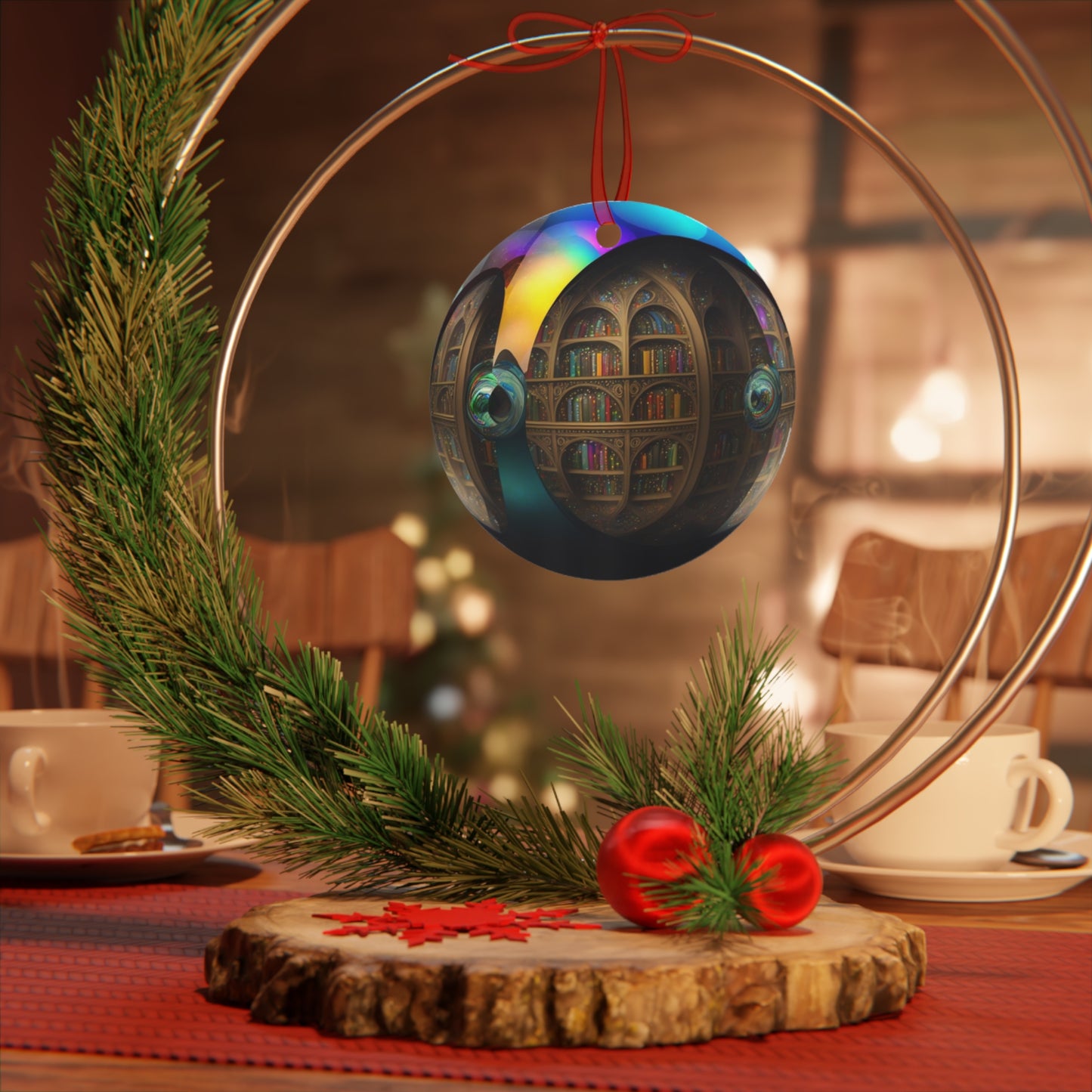 The Teafaerie: a transparent spherical glass christmas ornament with an infinite library inside of it. Zero gravity. spherical library Realistically rendered. Metal Ornament