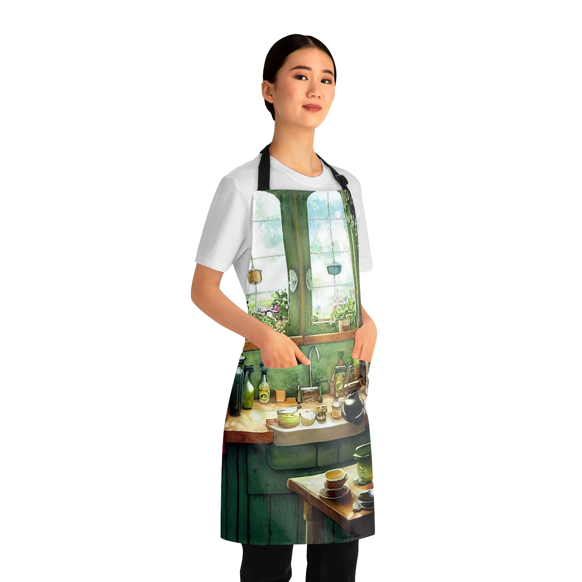 whimsical fantasy cottage kitchen, pot on the stove, bottles and jars, hanging herbs, charming, quaint, 8k, detailed and ultra realistic, fantasy - Apron