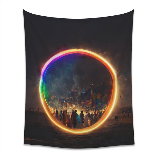 a bright rainbow circle of magic at burning man, cinematic - Printed Wall Tapestry