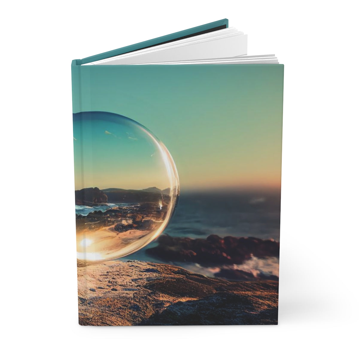 clear spherical bubble houses, set perfectly on top of a rocky shore, beautiful ocean coast - Hardcover Journal Matte