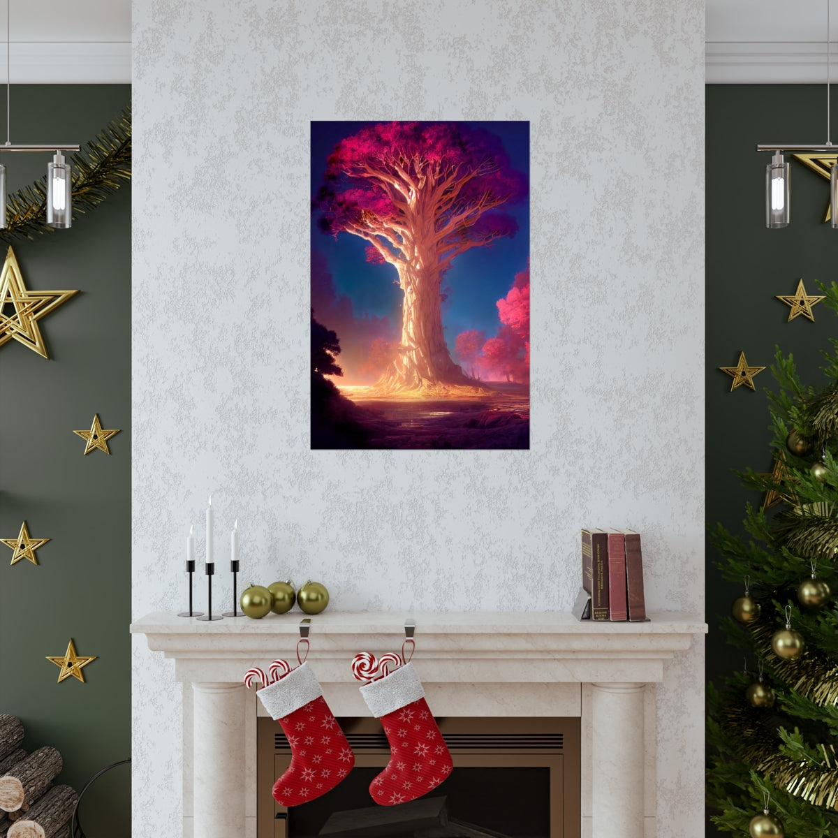 Premium Matte vertical posters - gate to a psychedelic realm, giant tree, light, highly detailed, immersive, volumetric light, detailed concept art