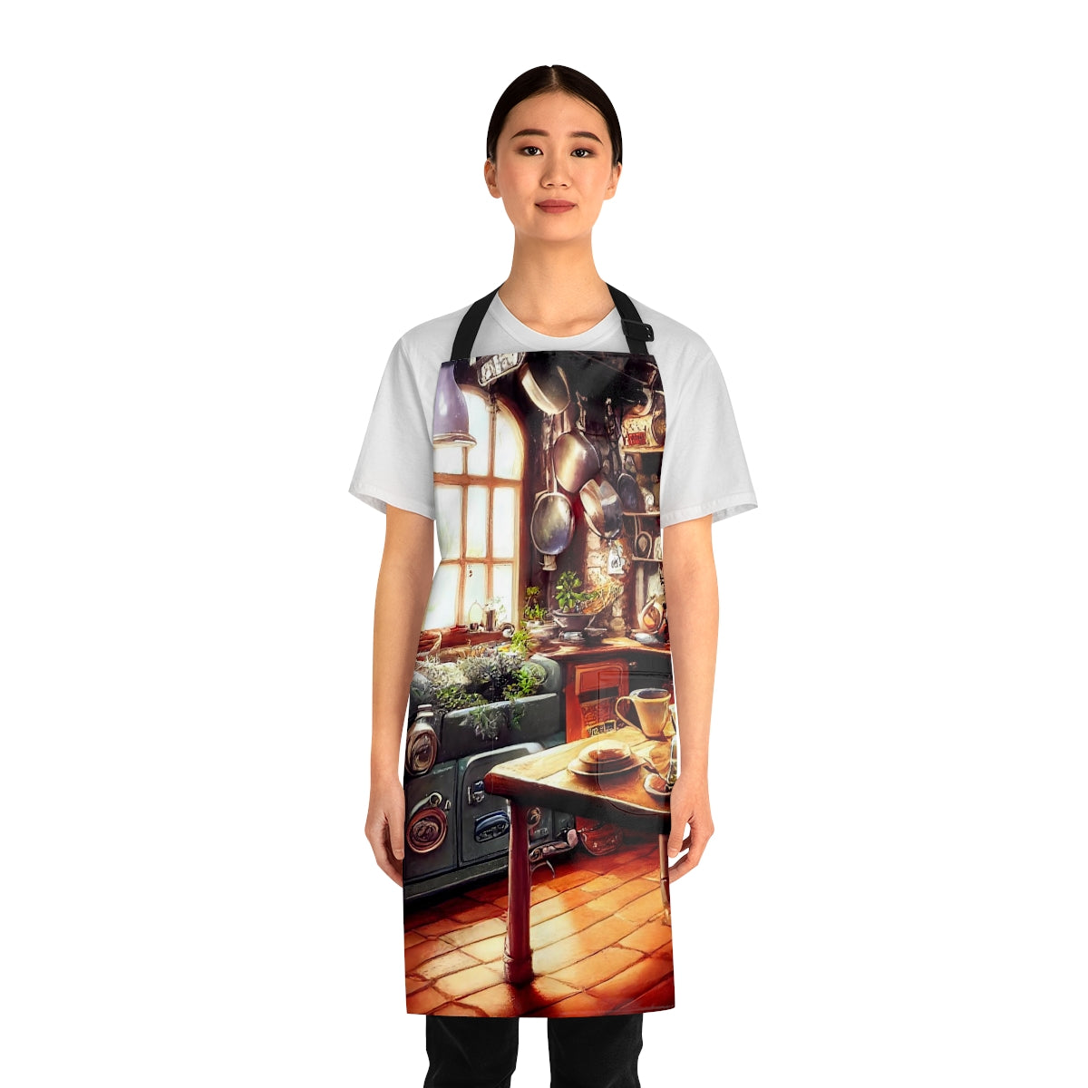 whimsical fantasy cottage kitchen, pot on the stove, bottles and jars, hanging herbs, charming, quaint, 8k, detailed and ultra realistic, fantasy - Apron