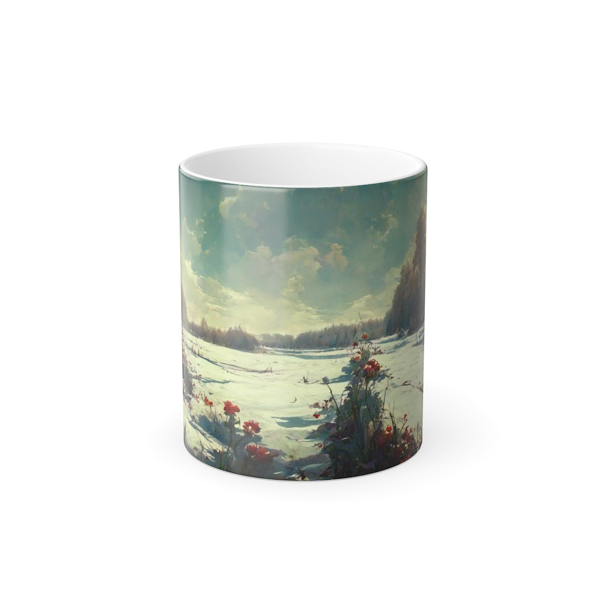 winter landscape, detailed, pastoral theme, flora, fauna, by alphonse mucha - Color Morphing Mug, 11oz