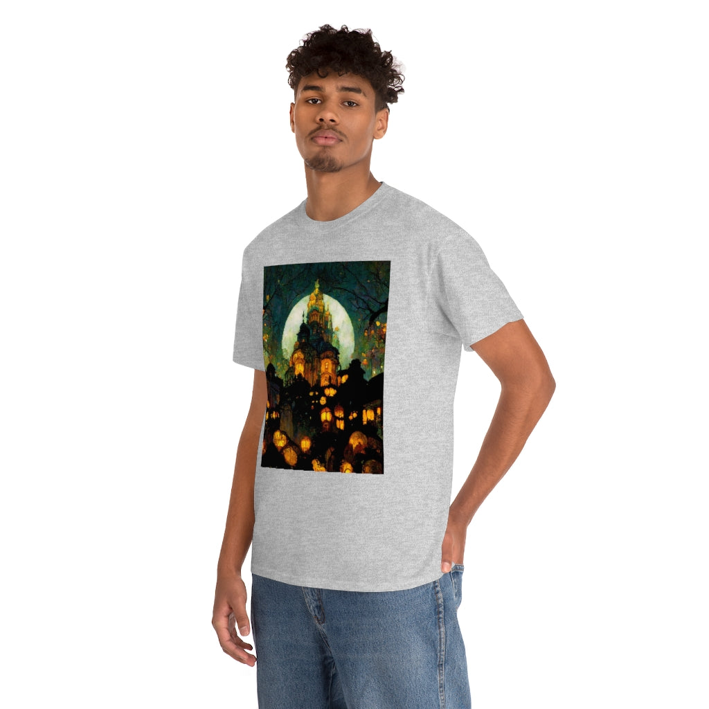 street-level_view_of_halloween_town_at_night_by_alphonse_mucha - Unisex Heavy Cotton Tee