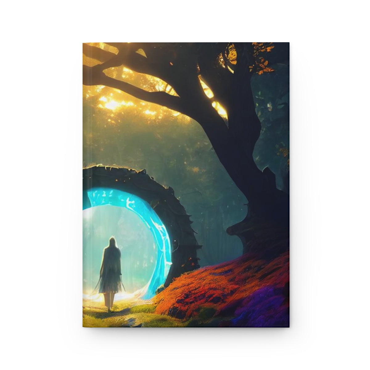 a glowing magical stargate portal, leading from summertime into autumn, in a fantasy fairytale dream forest, hyperdetailed - Hardcover Journal Matte