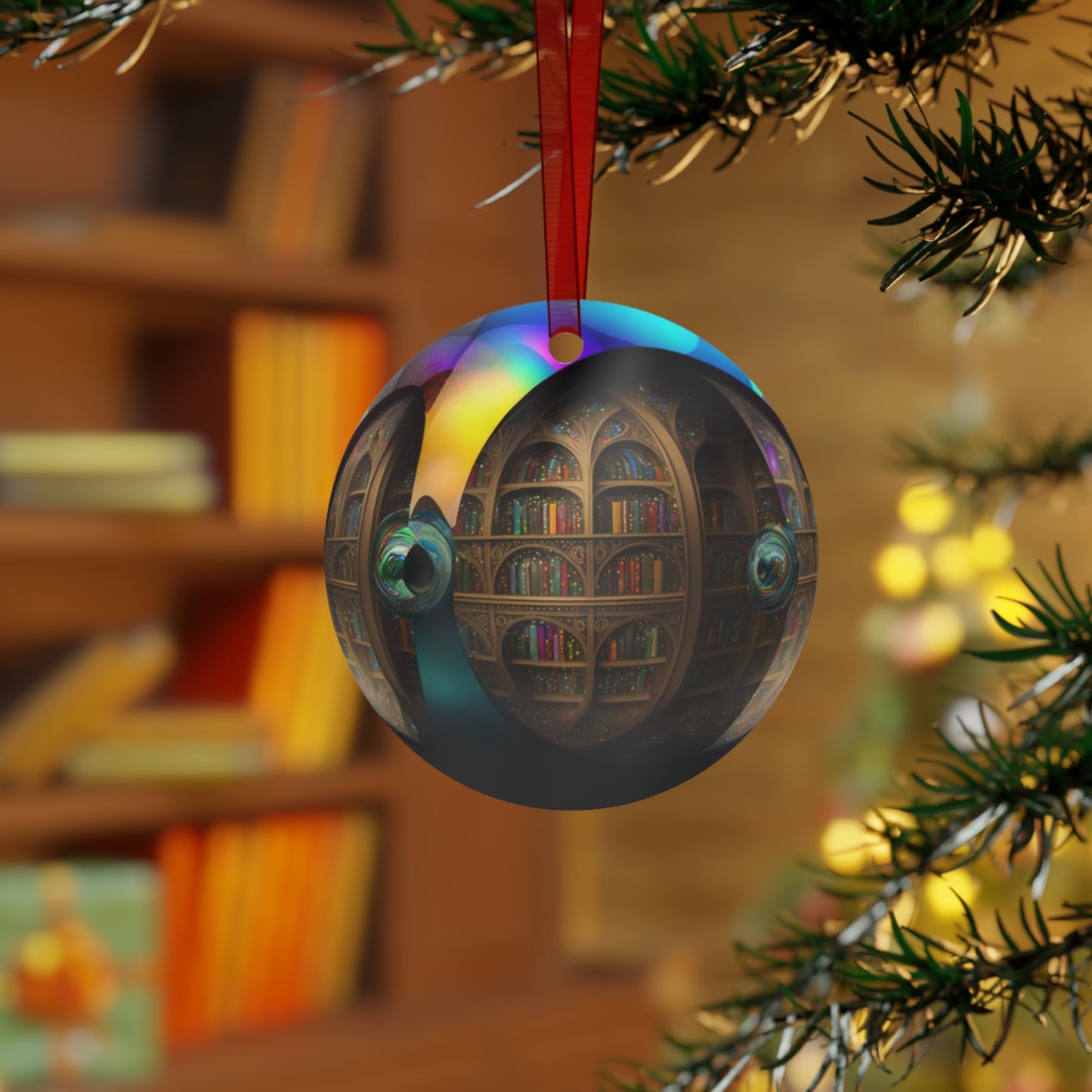 The Teafaerie: a transparent spherical glass christmas ornament with an infinite library inside of it. Zero gravity. spherical library Realistically rendered. Metal Ornament