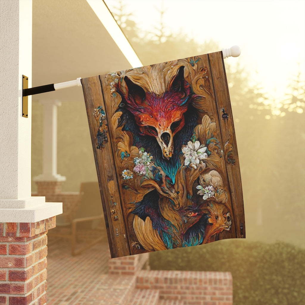 intricate colourfully painted carved wood paneling, fox and ravens, flowerpunk mythology, many hues, artstation - Garden & House Banner