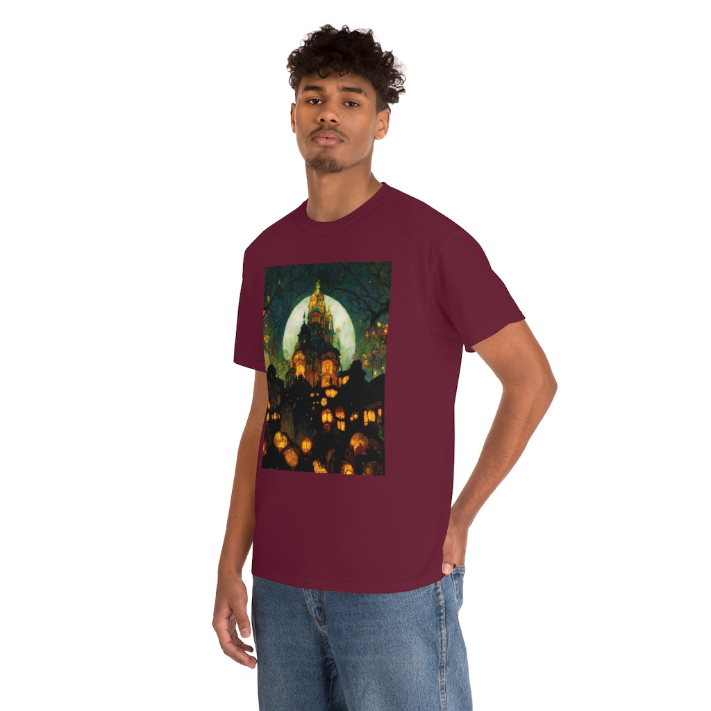 street-level_view_of_halloween_town_at_night_by_alphonse_mucha - Unisex Heavy Cotton Tee