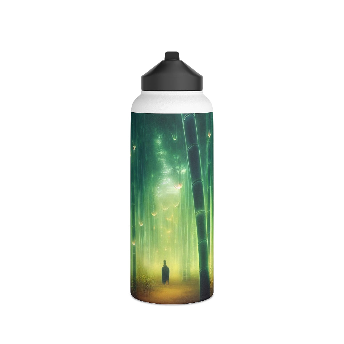 Stainless Steel Water Bottle, Standard Lid - psychedelic bamboo grove, causeway, fireflies, fantasy, intricate detail, illusion, mist, beautiful, hyper-realistic, breathtaking, ghostly figure, majestic, magic colour palette, low angle, unreal engine