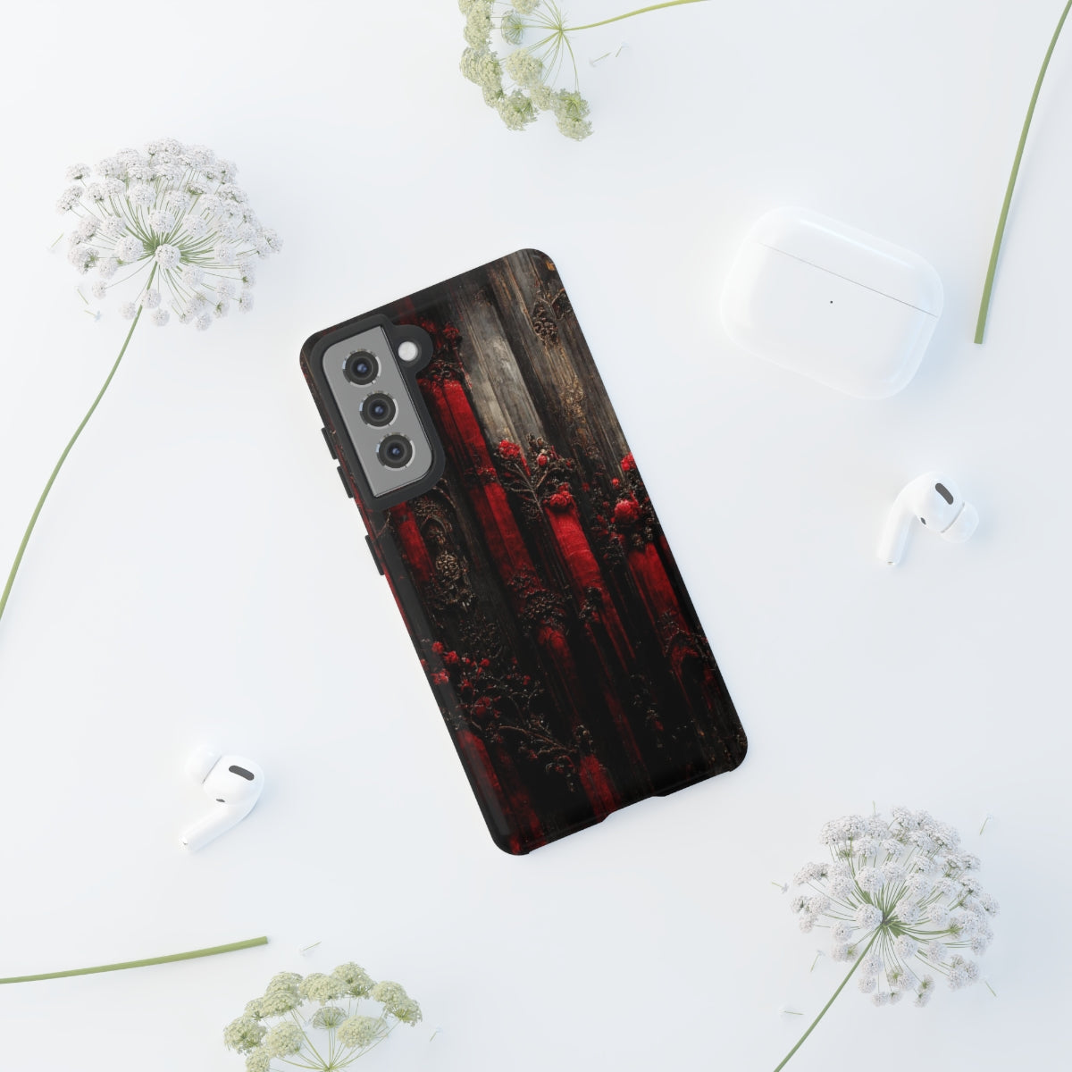 phone case - wall paper texture of red and black gothic painting octane rendering cinematic wooden detailed design frame