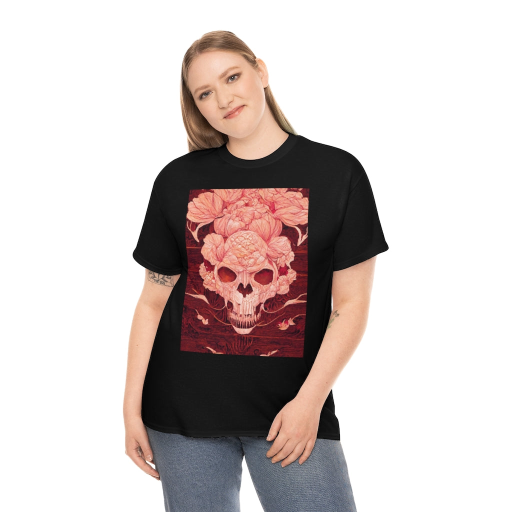 tiling pattern on wood panel of small skulls and vivid roses, gouache illustration - Unisex Heavy Cotton Tee