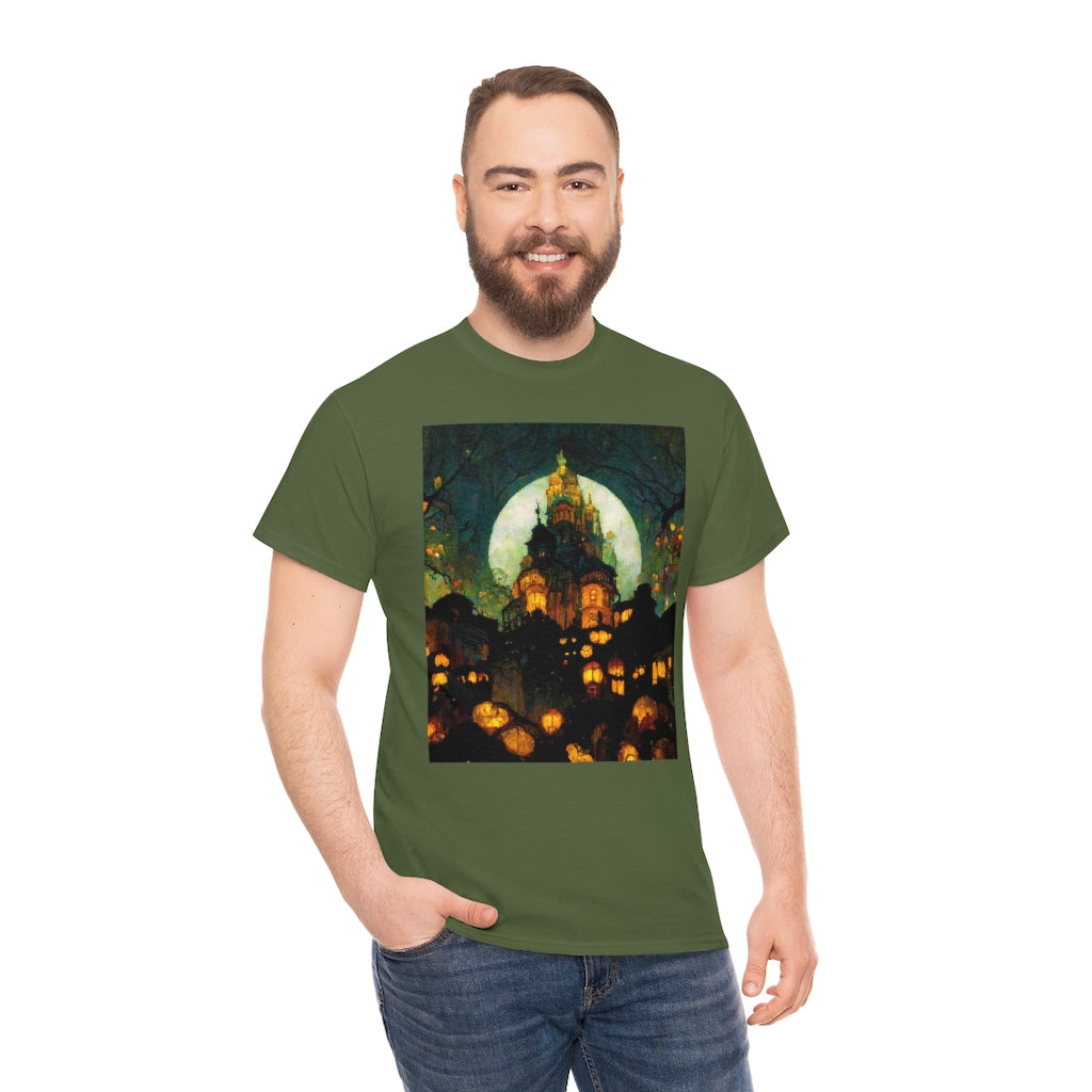 street-level_view_of_halloween_town_at_night_by_alphonse_mucha - Unisex Heavy Cotton Tee