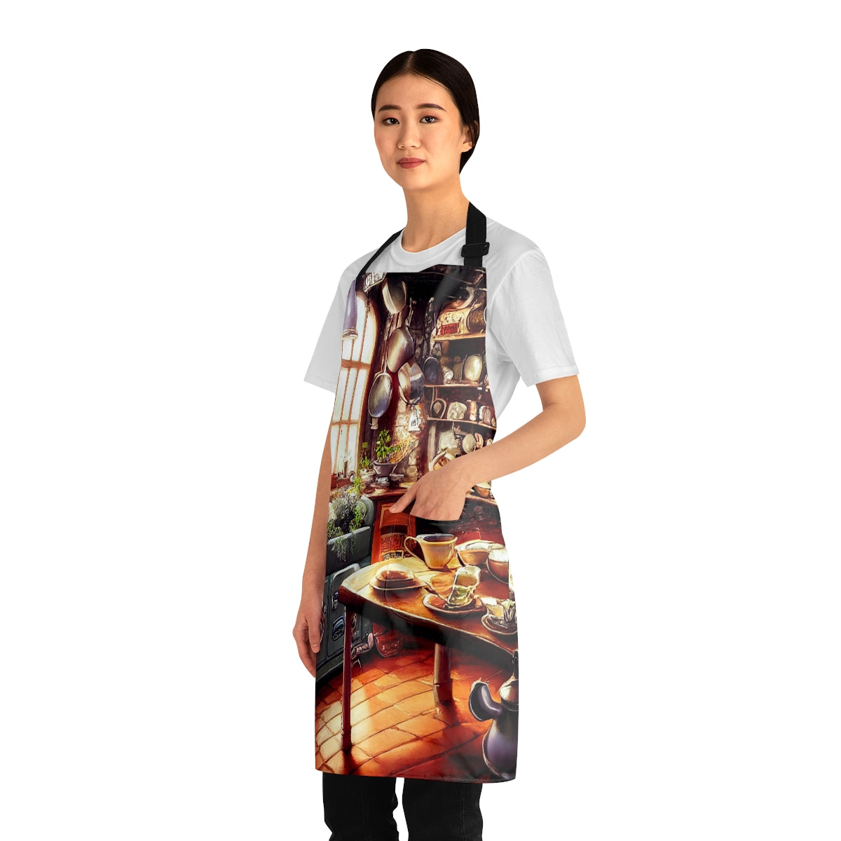 whimsical fantasy cottage kitchen, pot on the stove, bottles and jars, hanging herbs, charming, quaint, 8k, detailed and ultra realistic, fantasy - Apron