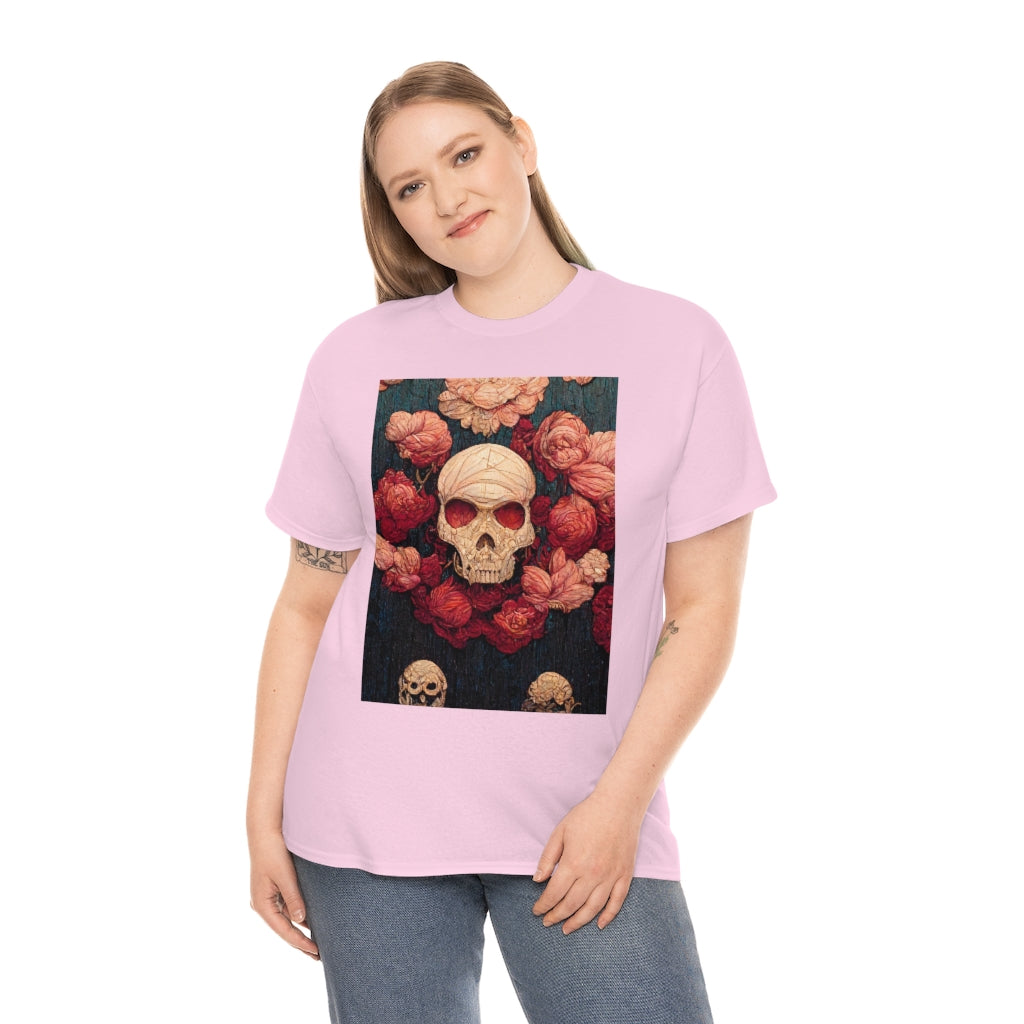 tiling pattern on wood panel of small skulls and vivid roses, gouache illustration - Unisex Heavy Cotton Tee