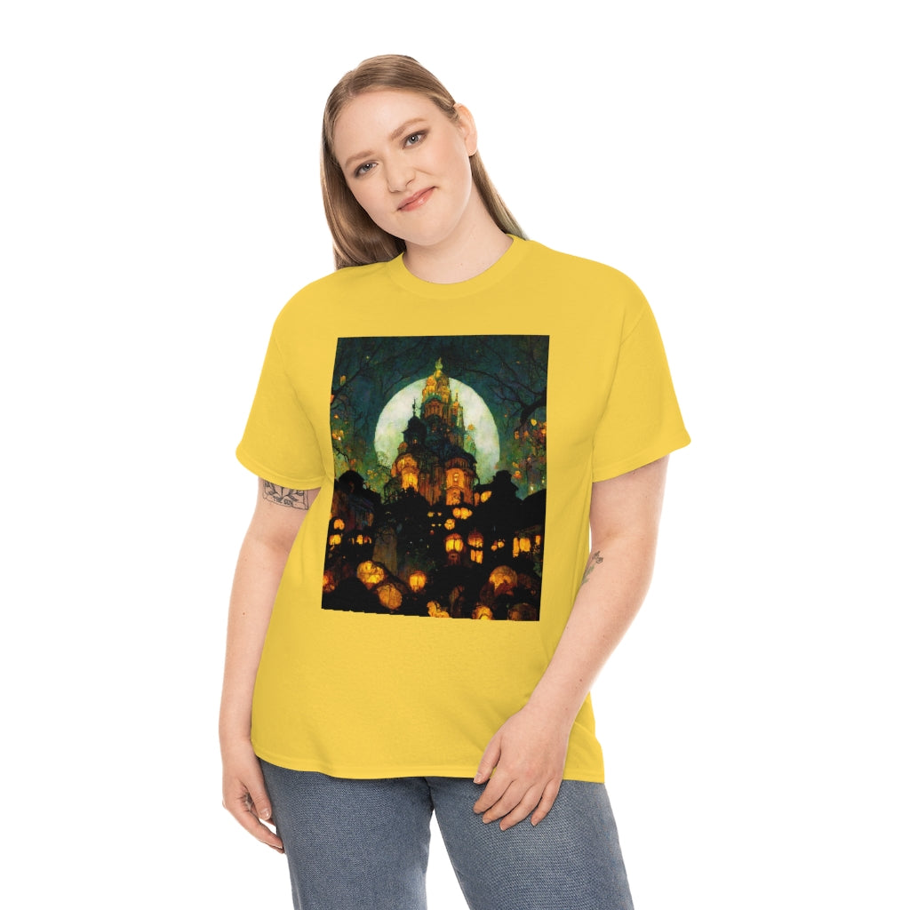 street-level_view_of_halloween_town_at_night_by_alphonse_mucha - Unisex Heavy Cotton Tee