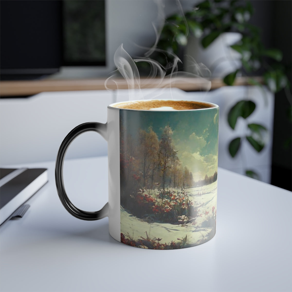 winter landscape, detailed, pastoral theme, flora, fauna, by alphonse mucha - Color Morphing Mug, 11oz